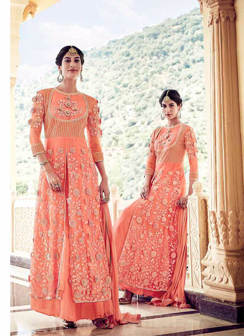 PeachCarrot16002 NylonNet Embroidery PartyWear Lehenga Choli at Zikimo 1 PeachCarrot16002 NylonNet Embroidery PartyWear Lehenga Choli at Zikimo
