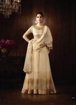 Cream8059 Net Embroidery PartyWear Anarkali  Suit At Zikimo