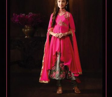 PinkGrey8061 GeoregetteSatin Embroidery PartyWear FloorLength AnarkaliSuit For Daughter