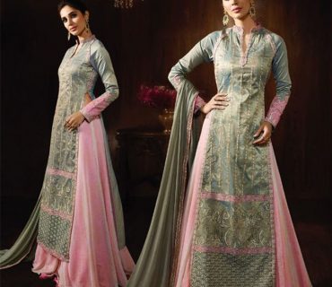 GreyPink8062 RawSilk Shimmer Embroidery Anarkali LehengaCholi At Zikimo