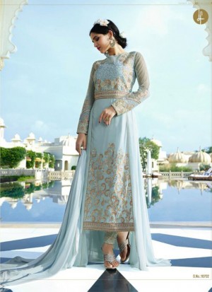 SKyBlue10702 Georgette Embroidery PartyWear Anarkali PantsPlazo Suit at Zikimo