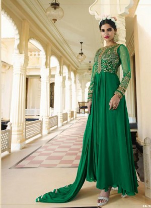 Green10704 Georgette Embroidery PartyWear Anarkali PantsPlazo Suit at Zikimo