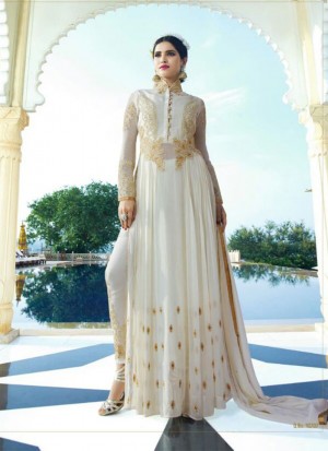 OffWhite10707 Georgette Embroidery PartyWear Anarkali PantsPlazo Suit at Zikimo