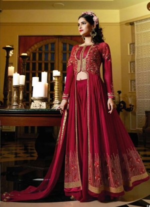 Magenta10708 Georgette Embroidery PartyWear Anarkali PantsPlazo Suit at Zikimo