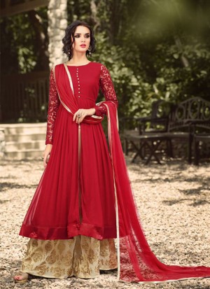 GoldMaroon32001Georgette Embroidery PartyWear Anarkali Plazo Suit at Zikimo