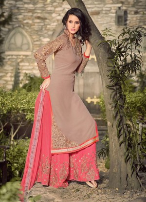 GreyPink32002 Georgette Embroidery PartyWear Anarkali Plazo Suit at Zikimo