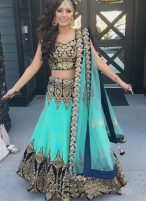 SkyBlue12 BangloriSIlk PartyWear Lehenga Choli at Zikimo